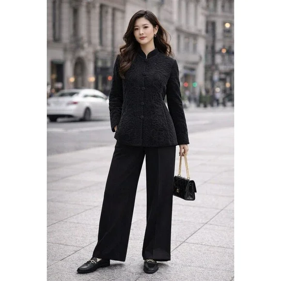 Vintage Quilted Black Velvet Mandarin Collar Jacket Women's Asian Inspired Coat - Picture 2 of 15